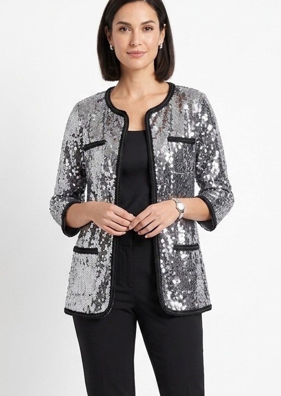 NWT IMAN Global Chic Sequin Cardigan Small Glam Sparkle Jacket Silver Glitter